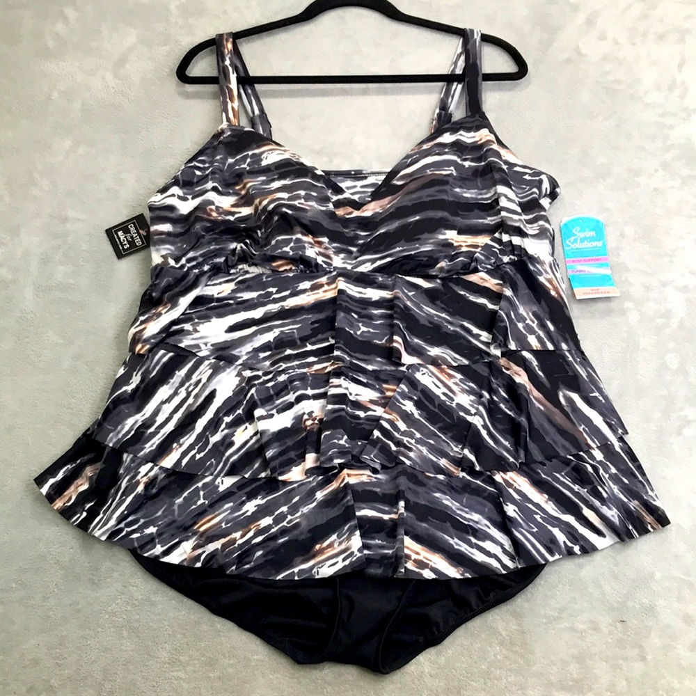 Swim Solutions Black Tiered One Piece Swim Suit Size 24W New